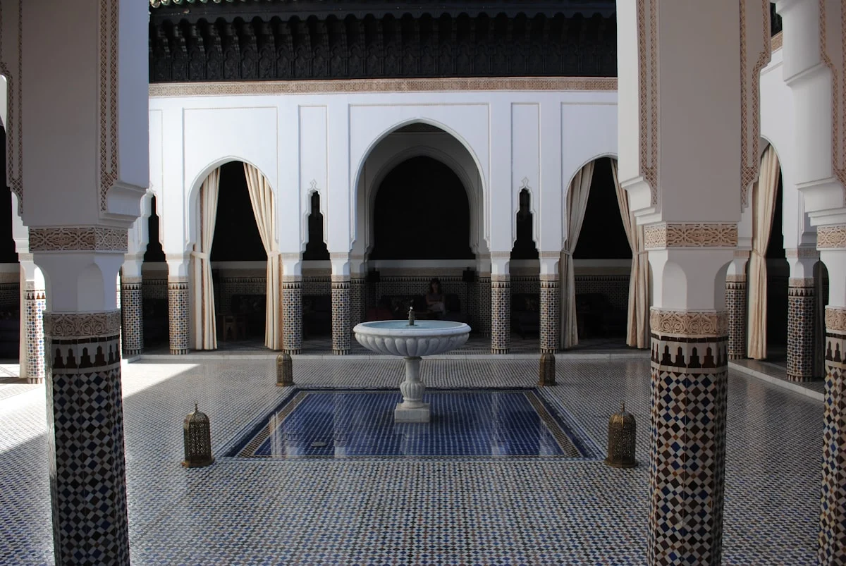 Courtyard with pool in La Mamounia Hotel (former historic palace)